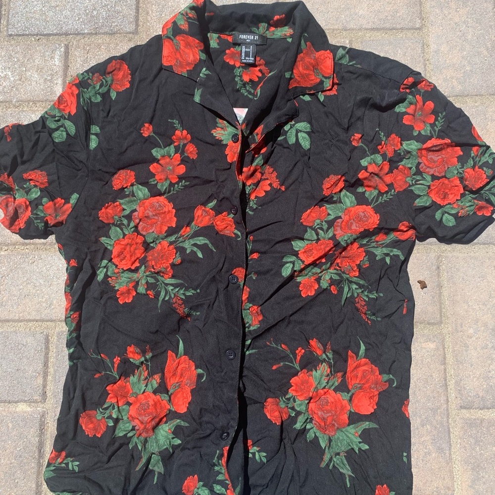Black Button Up with Roses *NWOT*